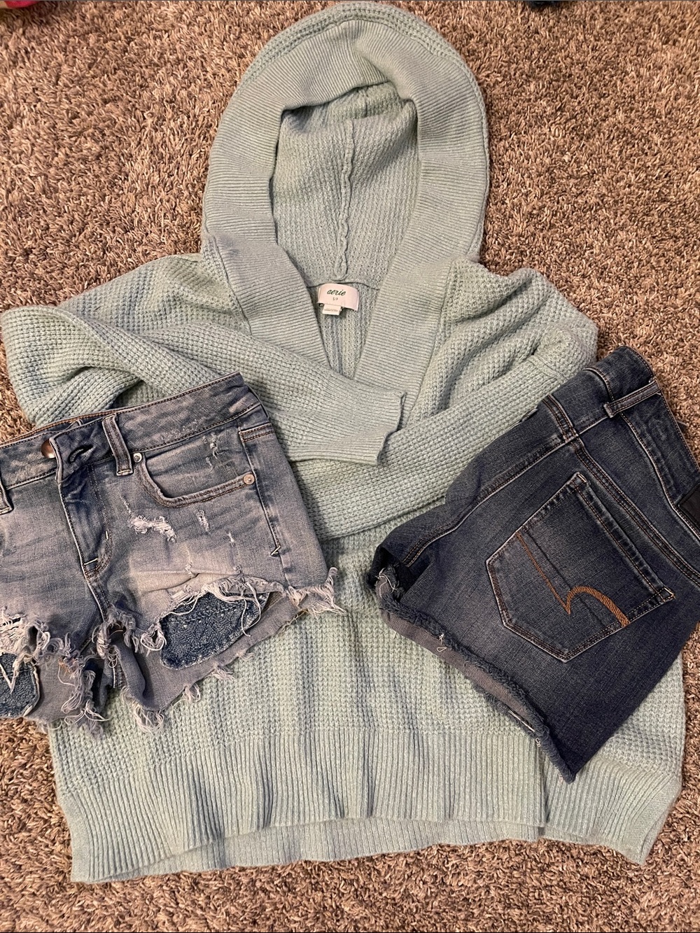 aerie Mint Green Hooded Cowl Sweater and Jean shorts bundle